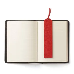Close-up detail of a vibrant red leather bookmark with tassel resting on lined notebook pages.