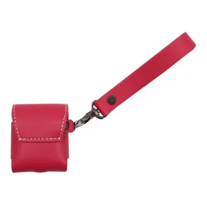 Red PU leather wireless earphone protective case with matching wrist strap lanyard.