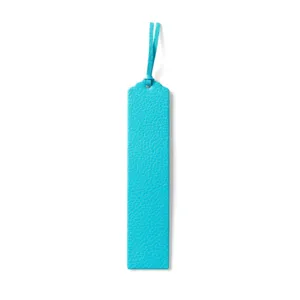 Detailed view of a bright blue PU leather bookmark with matching tassel strap, clean texture.