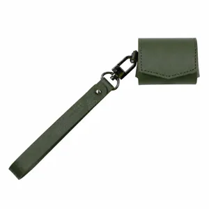 Dark green PU leather earphone case with strap and metal hook for wireless earbuds.