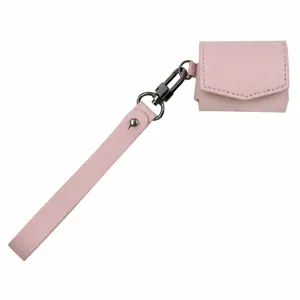 Pink PU leather earphone case with strap portable wireless headset storage pouch for daily use.