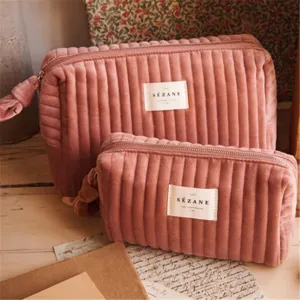 Quilted velvet cosmetic bag portable makeup pouch travel toiletry storage organizer