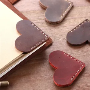 Handmade leather heart bookmark retro crazy horse cowhide page marker for reading books