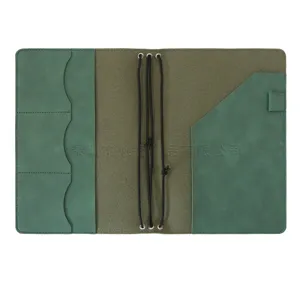 Green vintage traveler notebook cover PU leather journal binder with card slots and bands.