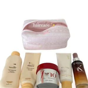 Koreaanse gewatteerde cosmetische tas met schattig hartpatroon, zachte reisopbergtas voor dames.