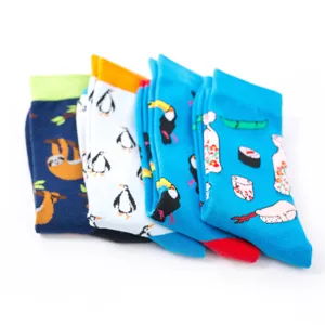 Detailed close-up view of colorful novelty cotton socks featuring fun cartoon patterns.
