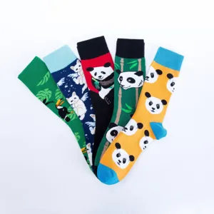 Detailed view of colorful cartoon panda and animal print mid-calf casual cotton socks set.