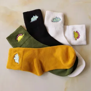 Cute embroidered dinosaur cotton mid-calf socks for women, soft comfortable casual daily wear.