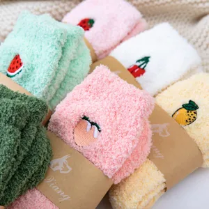Women cute fruit embroidered fuzzy coral fleece socks winter thick warm sleep floor socks