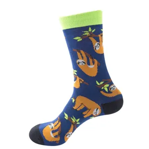 Cute sloth print cotton crew socks with vibrant green cuffs and stylish casual daily wear.
