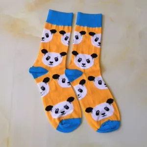 Cute panda pattern cotton crew socks in yellow and blue, comfortable casual daily wear.
