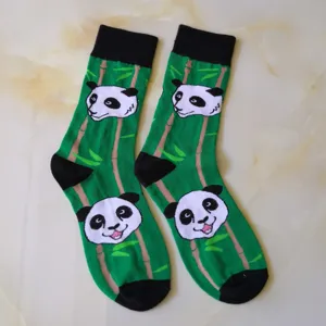 Cute panda pattern green mid-calf cotton socks for women and men, casual daily wear.