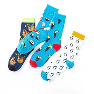 Fashion cotton crew socks with creative sloth toucan penguin sushi prints for couples pair