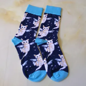 Cute angel cat print mid-tube cotton socks in dark blue, soft and cozy casual daily wear.