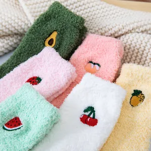 Cute fuzzy winter coral fleece sleep socks with sweet fruit embroidery set for women.