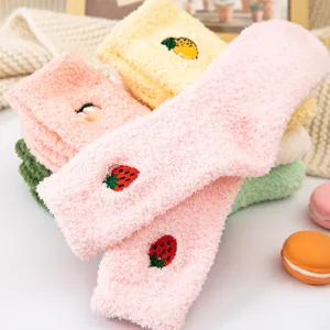Cute fluffy plush coral fleece winter socks for women with fruit embroidery, warm thick sleep socks.