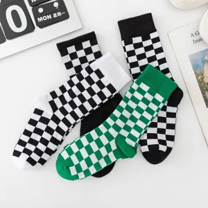 Classic checkered mid tube socks black white green fashion trendy casual cotton crew socks