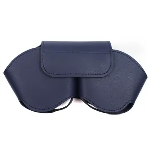 Dark blue leather headphone storage case for over-ear headsets, double compartment bag.
