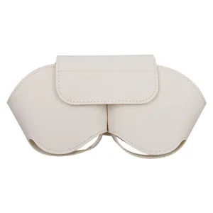 Beige leather protective storage bag for over-ear headphones, premium portable carrying case.