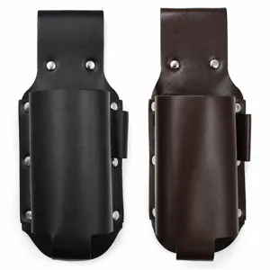 Leather beer holster for belt, portable outdoor bottle holder with sturdy metal rivets.
