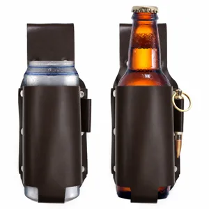 Detailed view of the portable leather beer holster, dark brown belt waist caddy for outdoor drinks.