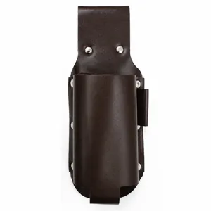 Detailed shot of dark brown leather beer holster, waist hanging portable design with rivets.