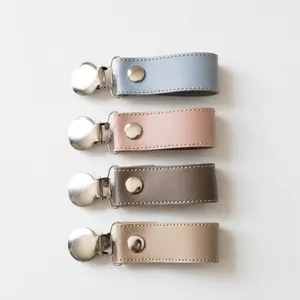 Leather baby stroller blanket clip with stainless steel duckbill clip for pram carriage.