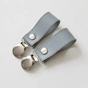 Baby stroller blanket clips with stainless steel duckbill clips and leather strap, blue.