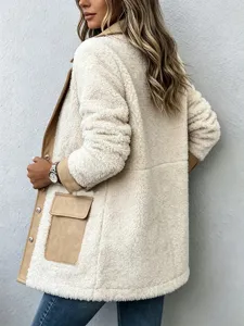 Dames kunstvacht patchwork jas casual revers teddy coat met zakken winter bovenkleding
