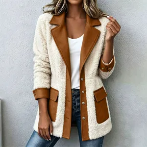 Dames lammy patchwork cardigan jas revers knopen teddy fleece buitenkleding winter