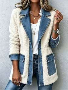 Shearling denim patchwork cardigan jas, stijlvolle revers winterjas voor vrouwen.