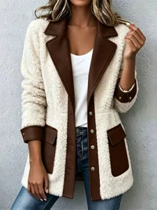 Vrouwen stijlvolle revers sherpa patchwork cardigan jas herfst winter casual bovenkleding top