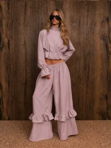 Women Two-Piece Set High Collar Zip Crop Top Ruffle Wide-Leg Pants Casual Suit Style
