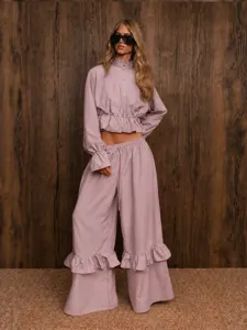Casual two-piece set with a stand-collar zip crop top and ruffled wide-leg pants for women.