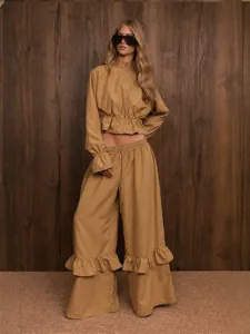 Khaki stand collar zip crop top and ruffle wide leg pants casual two piece set main view