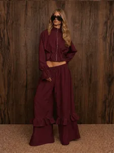 2026 European and American women's two-piece set zip-up crop top ruffle wide leg pants
