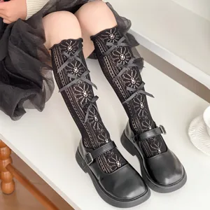 Calze alte in pizzo nero per bambina con fiocchi graziosi in dolce stile lolita estivo.