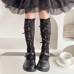 Calze al ginocchio in pizzo nero da ragazza con fiocchi carini stile lolita moda estate