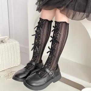 Calze alte in pizzo nero per bambine con graziosi fiocchi stile Lolita bel dettaglio