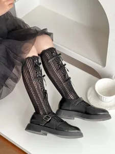Calze ginocchio pizzo nero bambine graziosi fiocchi stile Lolita calzetteria infantile dettaglio