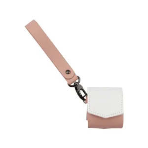 Stylish PU leather wireless earphone case with hand strap and metal hook, pink and white.