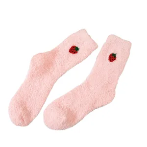 Cute strawberry fuzzy plush socks for women winter warm thick coral fleece sleep floor socks