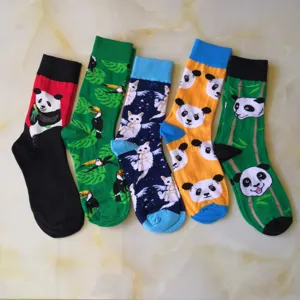 Colorful mid-calf casual cotton socks featuring cute panda, toucan and cat patterns for daily wear.