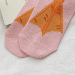 Cute pink cartoon duck feet cotton mid-calf socks detail, fun creative novelty winter cozy socks.