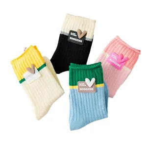 Women cute color block cotton long socks with sweet heart soft label, spring autumn style.