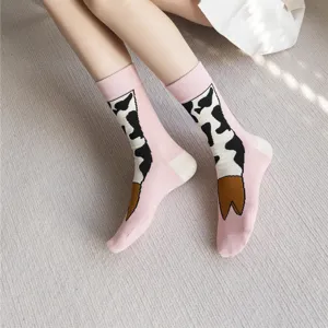 Cute pink cow hoof crew socks for women and men, funny animal pattern autumn winter novelty socks.