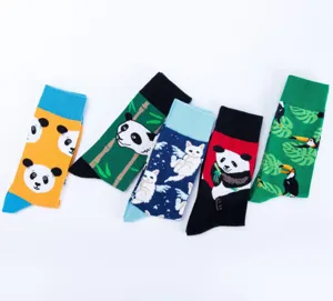 Cartoon animal printed cotton socks set, cute panda and bird design mid tube casual socks.