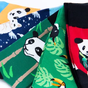Colorful panda and tropical pattern mid-calf cotton casual socks for autumn winter.