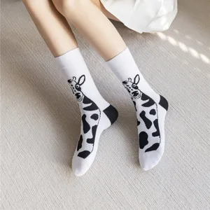 Cute cartoon cow pattern mid-tube socks for autumn and winter, funny creative cotton socks.
