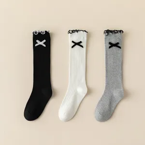 Korean style bow knee high socks sweet knitted breathable ruffles hosiery for daily wear